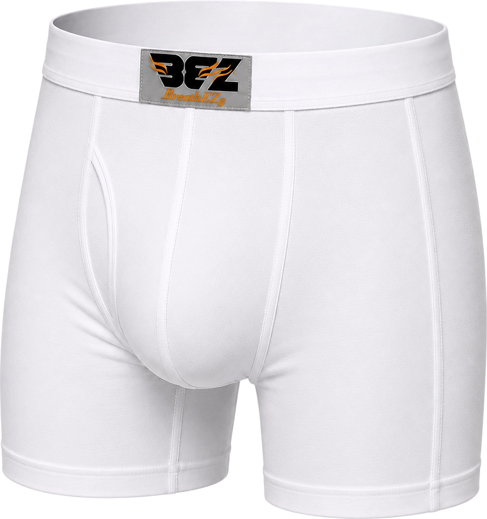 BEZ BreathEZs emblem beside the Classic white boxer briefs